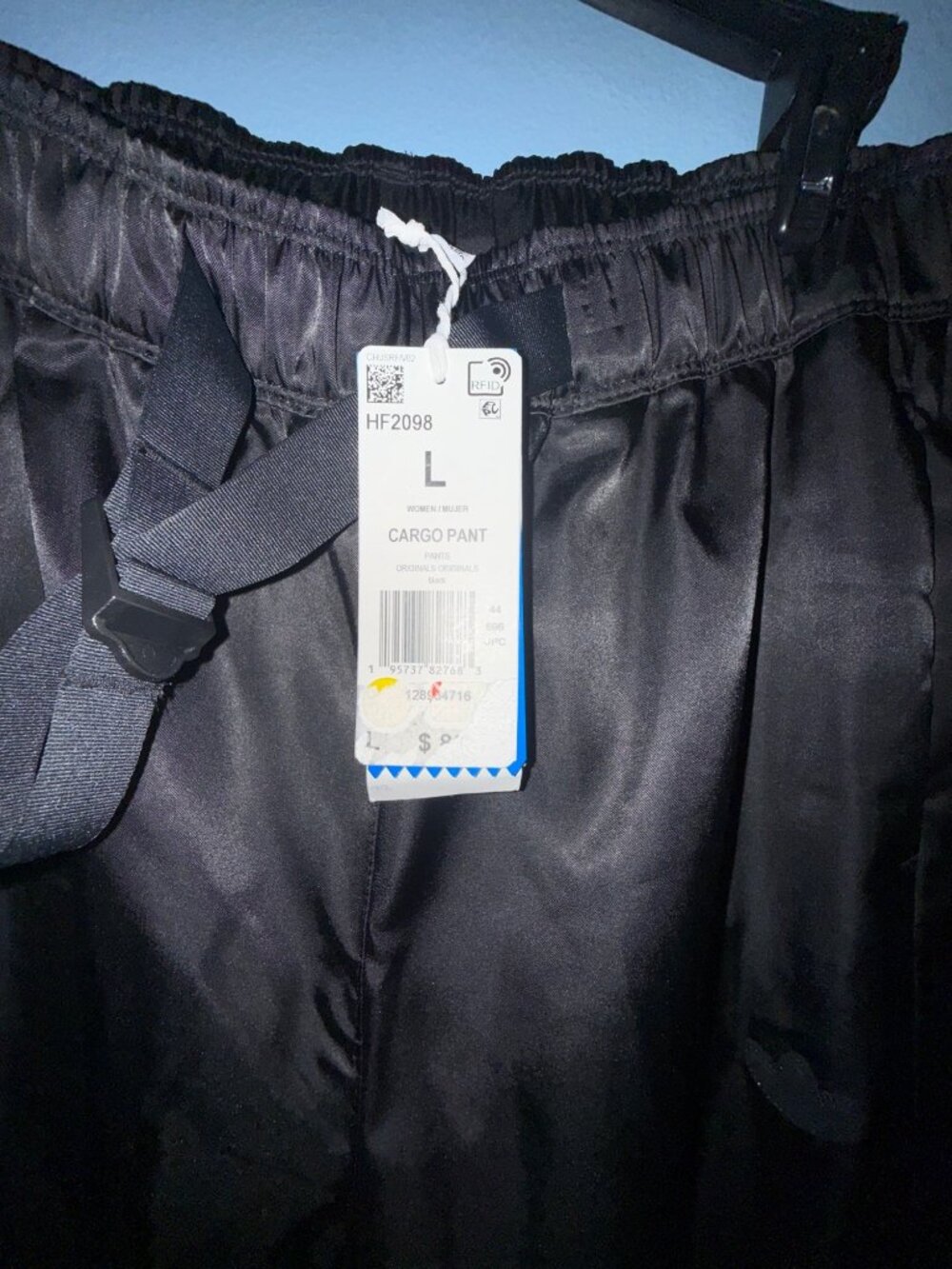 ADIDAS Womens L BLACK Satin Wide Leg Cargo Pants Ruched Front Utility Streetwear - Picture 4 of 10